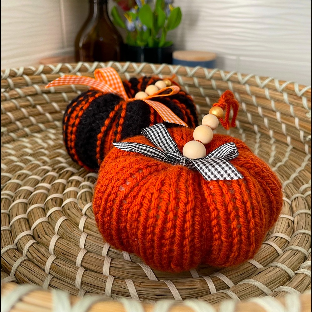One of a kind knitted pumpkins.